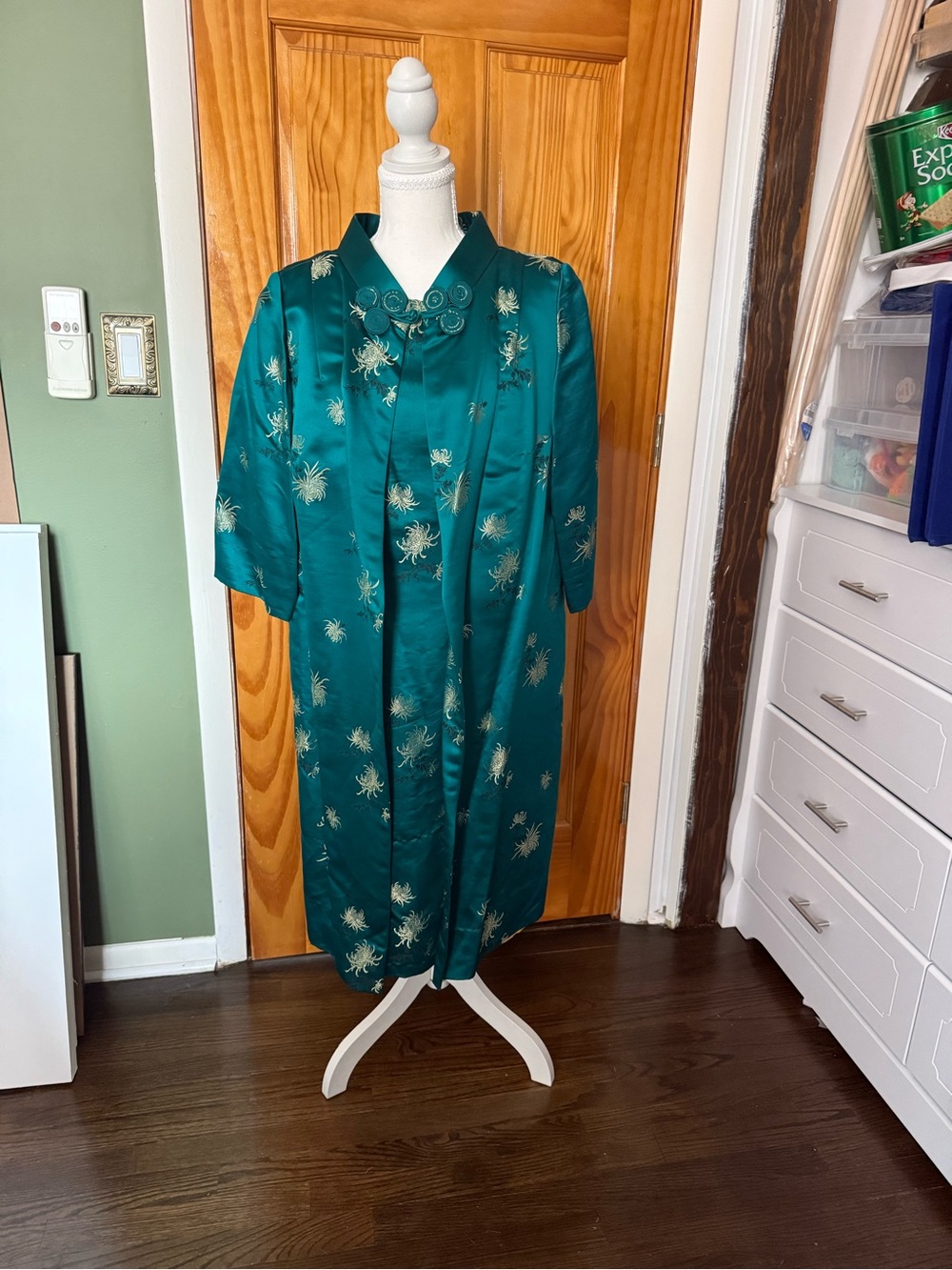 True Vintage Teal Satin/silk Embroidered Dress and Matching Jacket